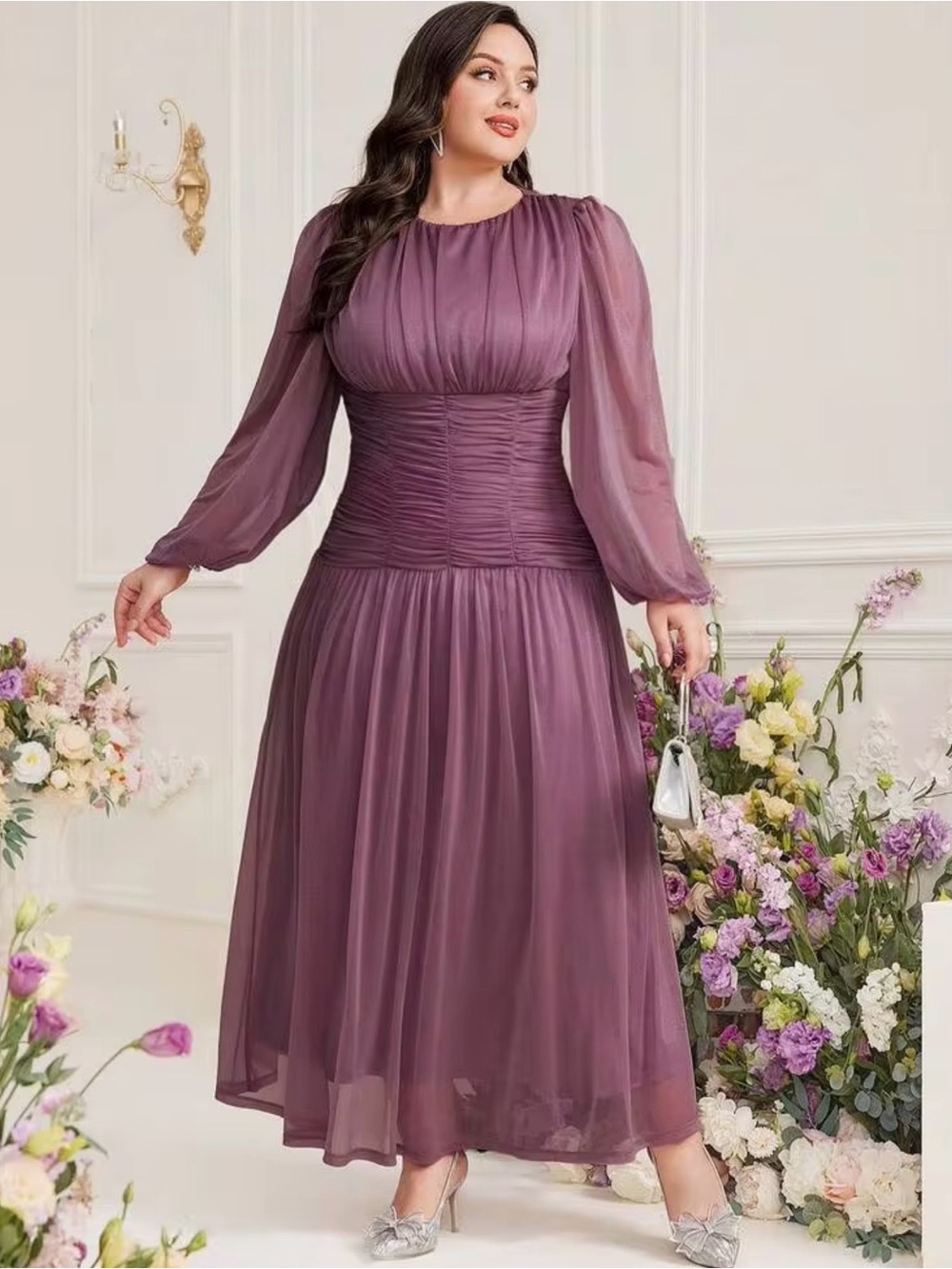 SHEIN Mauve Purple Long-Sleeve Chiffon Midi Dress